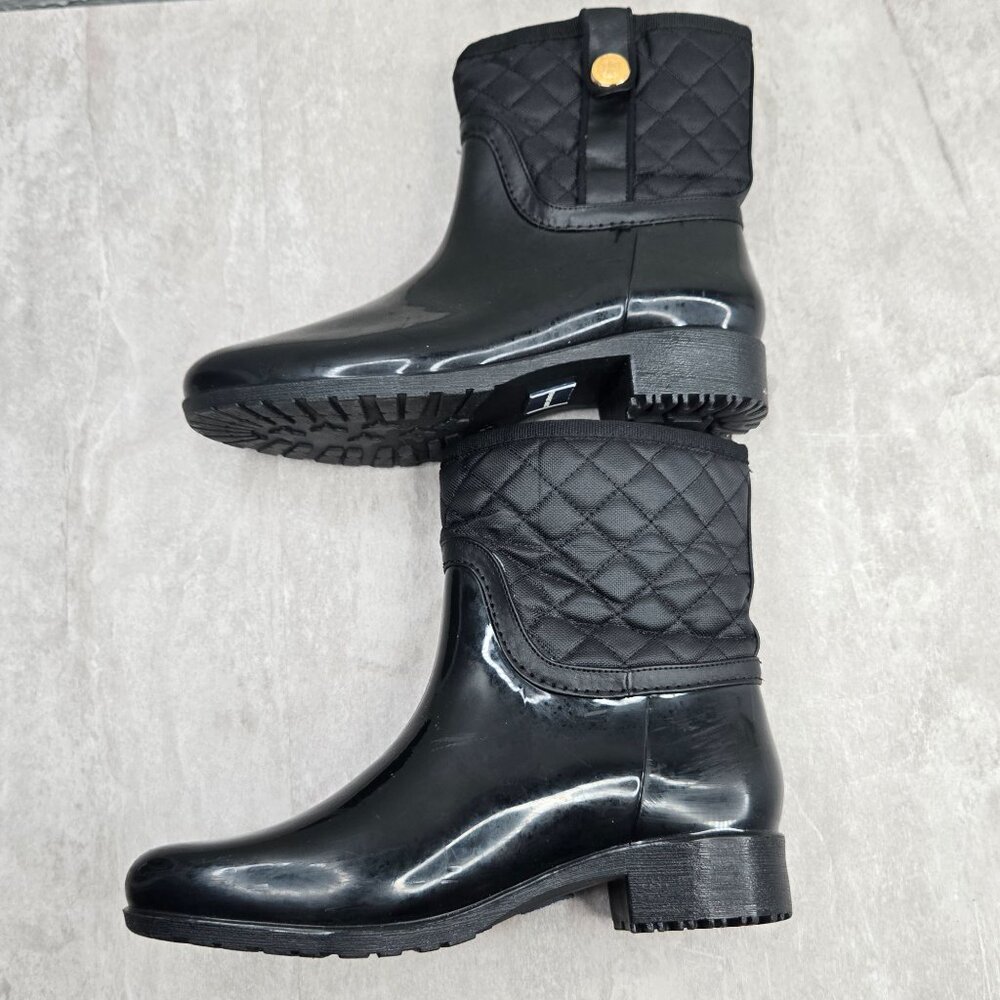 Tommy Hilfiger Rain Boots Black Quilted Outdoor Rubber Winter Ankle Booties Sz 8 - Picture 6 of 12